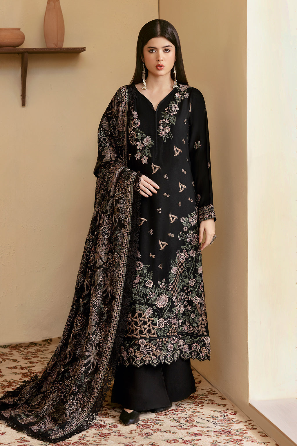 R-1205 | 3Pc Unstitched Suit Embroidered Karandi Collection Reet By Ramsha
