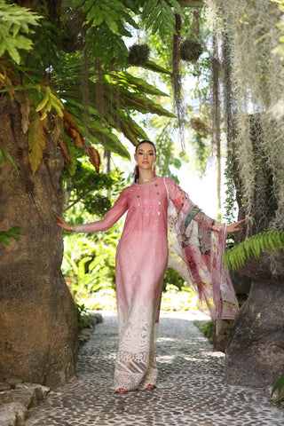 D1-A Pink Ombre | 3PC Unstitched Luxury Chikankari Lawn Noor By Sadia Asad