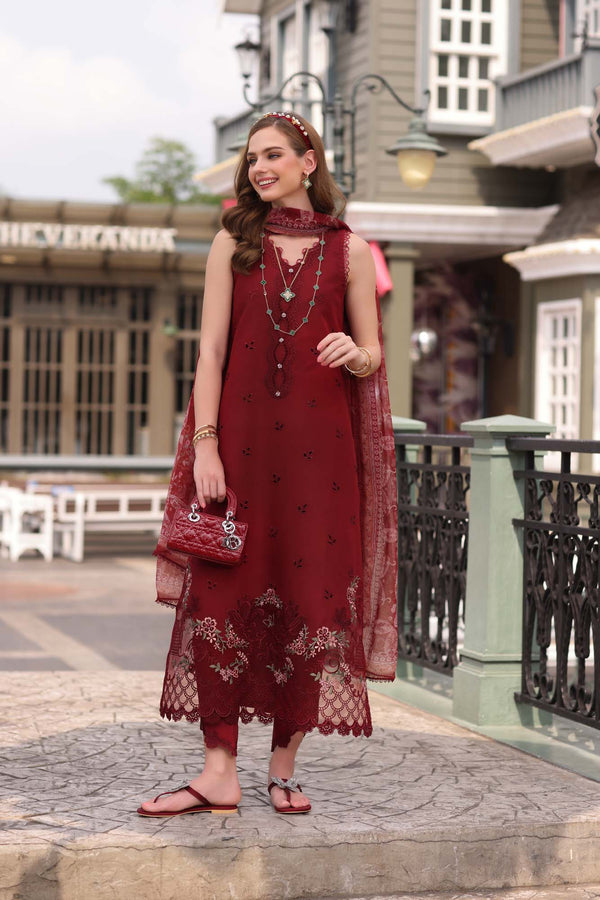 3-PC Unstitched Embroidered Lawn Noor By Saadi Asad | D1- Mulberry Red