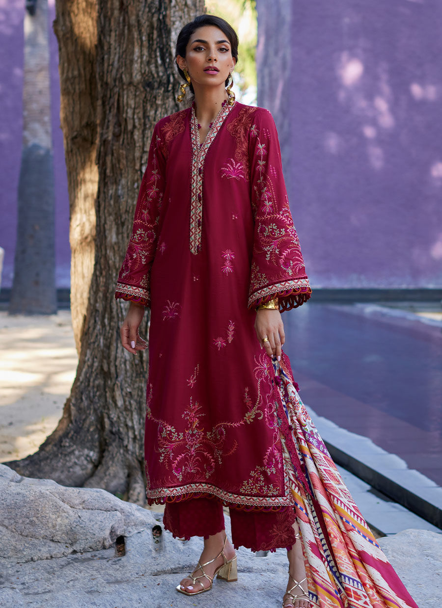 02 | ENZO RED | 3PC Unstitched Suay Lawn By Farah Talib Aziz