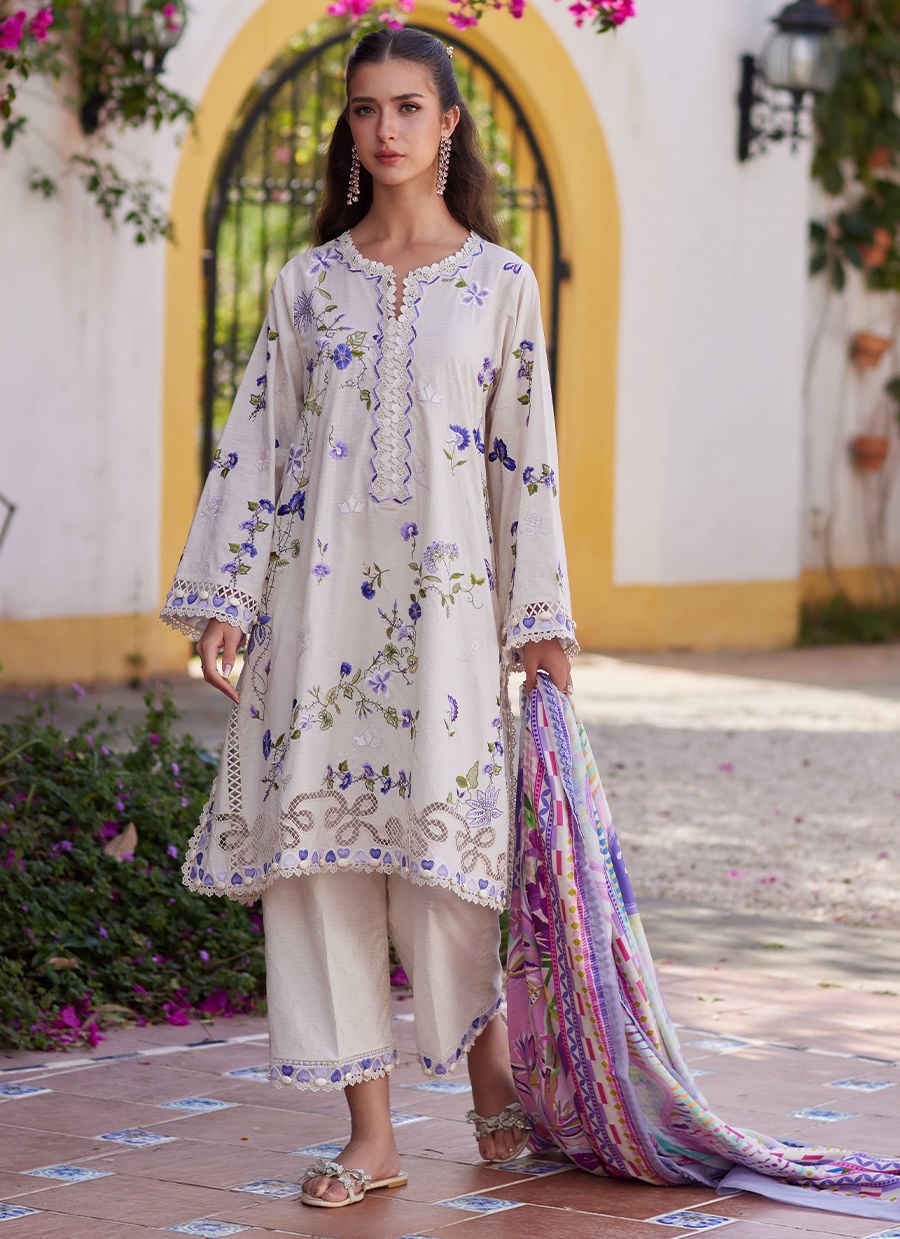 3-PC Unstitched Embroidered Composed Luxury Lawn By FTA | Evita Ivory
