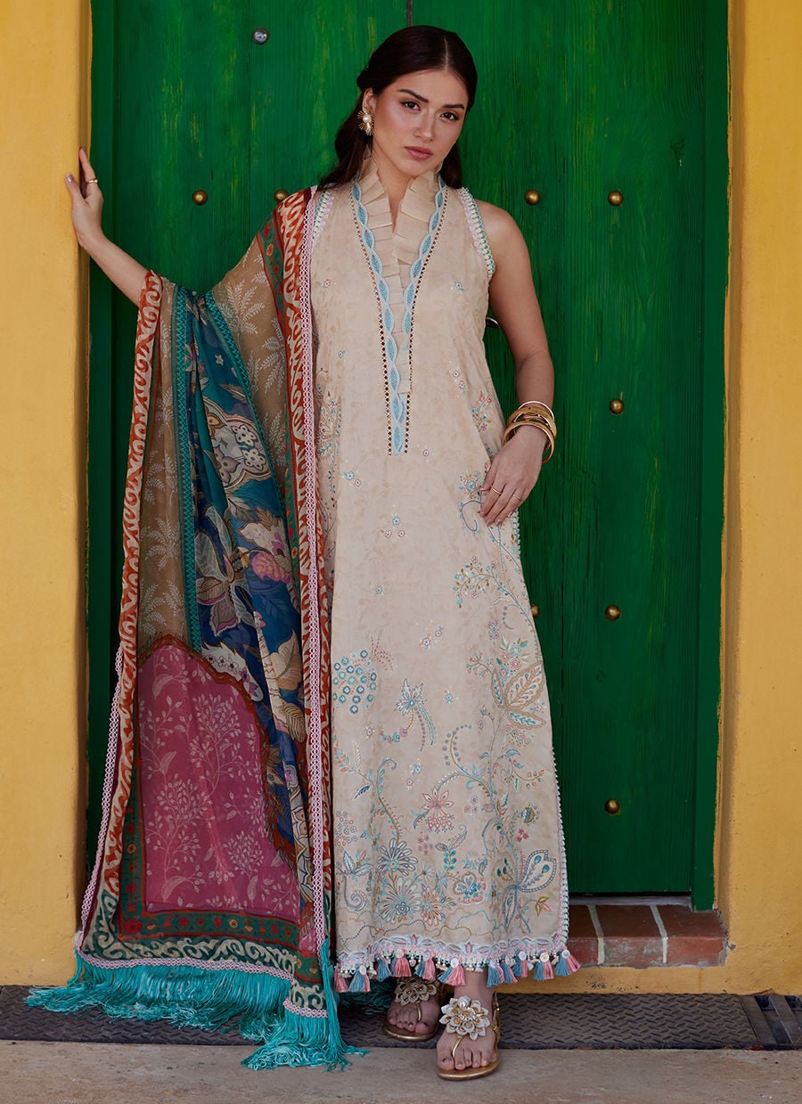 3-PC Unstitched Embroidered Composed Luxury Lawn By FTA | Isabella Sand