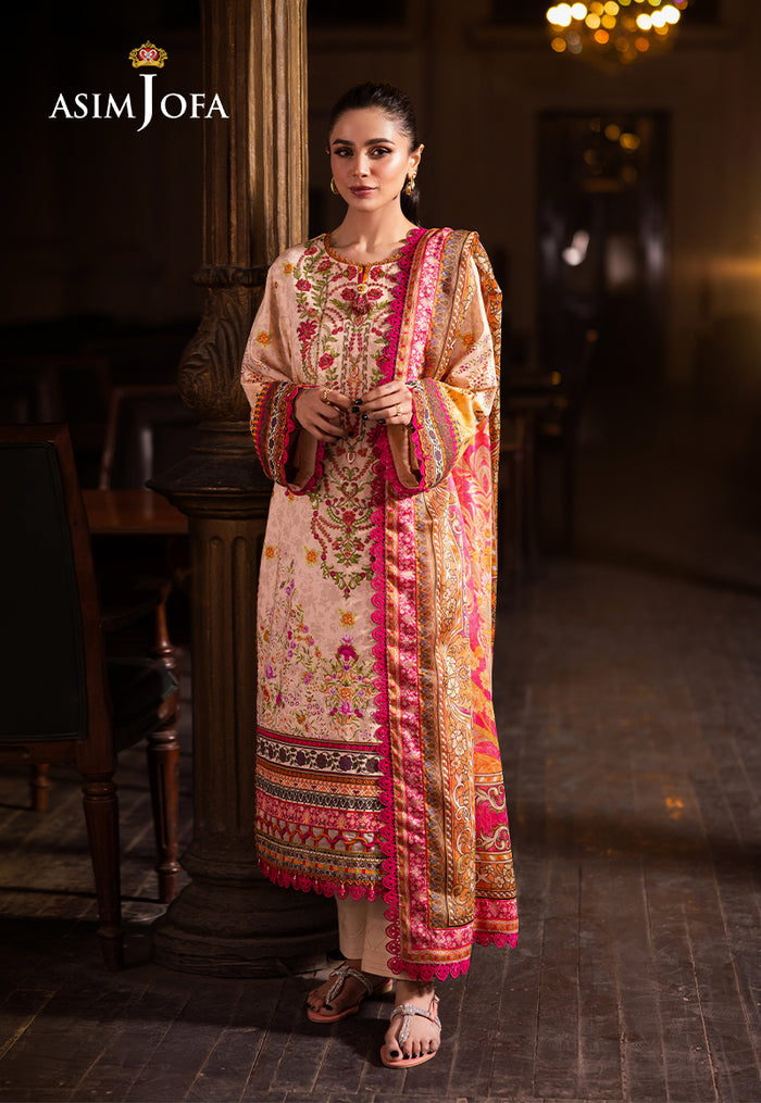 AJUBJ-02 | 3Pc Unstitched Suit Printed Embroidered Lawn Vol 4 Essential By Asim Jofa
