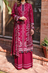 01-Garnet Glam | 3PC Unstitched Eid Festive Lawn Kaavish By Farasha