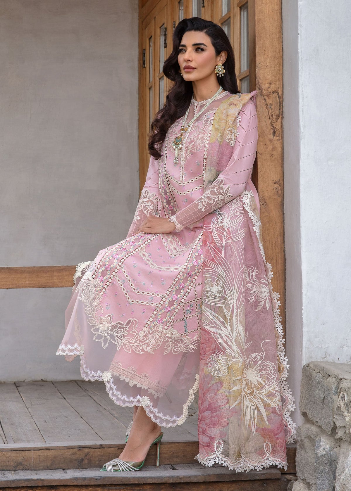 A Floral Mesh - Rose Pink | 3PC Unstitched Suit Lawn By Crimson