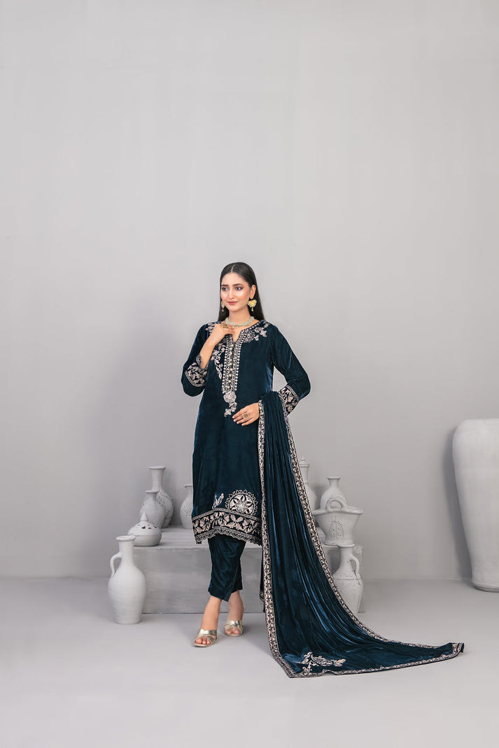3-PC Unstitched Fancy Embroiedere Velvet Velvora By Tawakkal Fabrics | D-4922