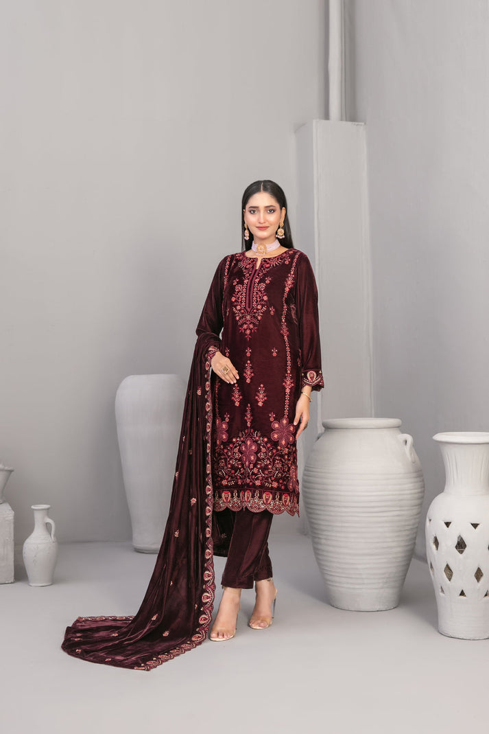 3-PC Unstitched Fancy Embroiedere Velvet Velvora By Tawakkal Fabrics | D-4921