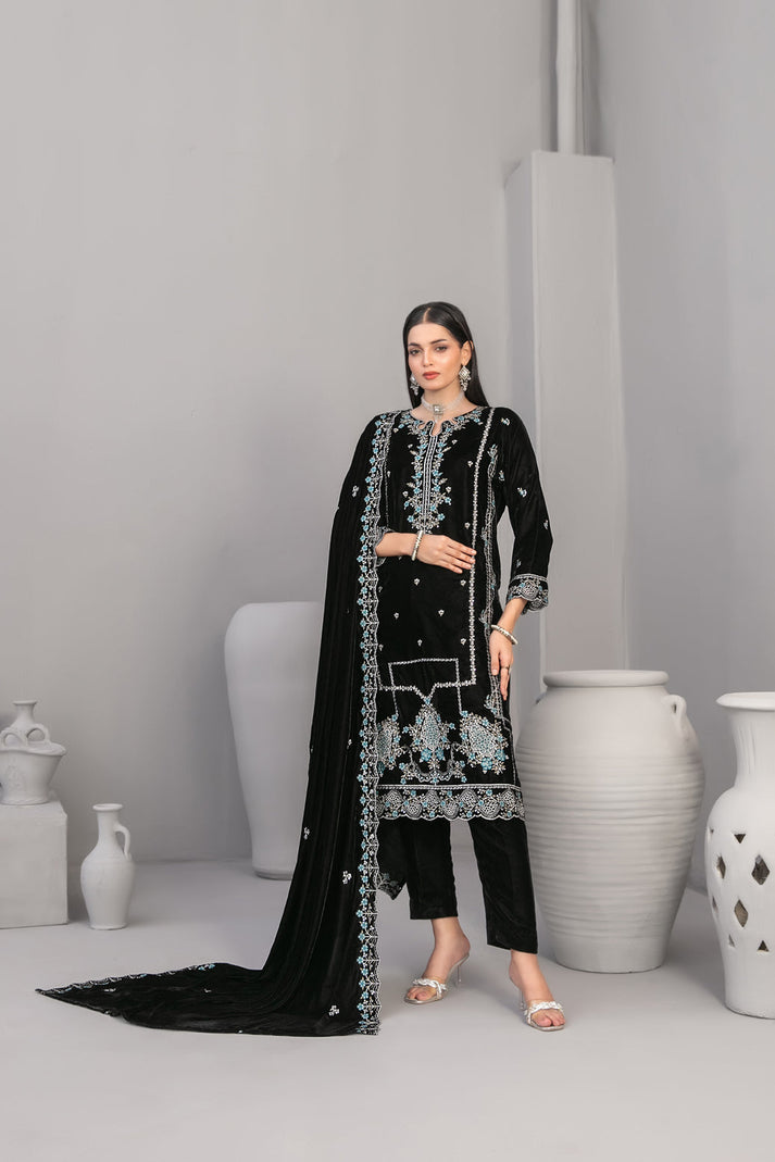 3-PC Unstitched Fancy Embroiedere Velvet Velvora By Tawakkal Fabrics | D-4927