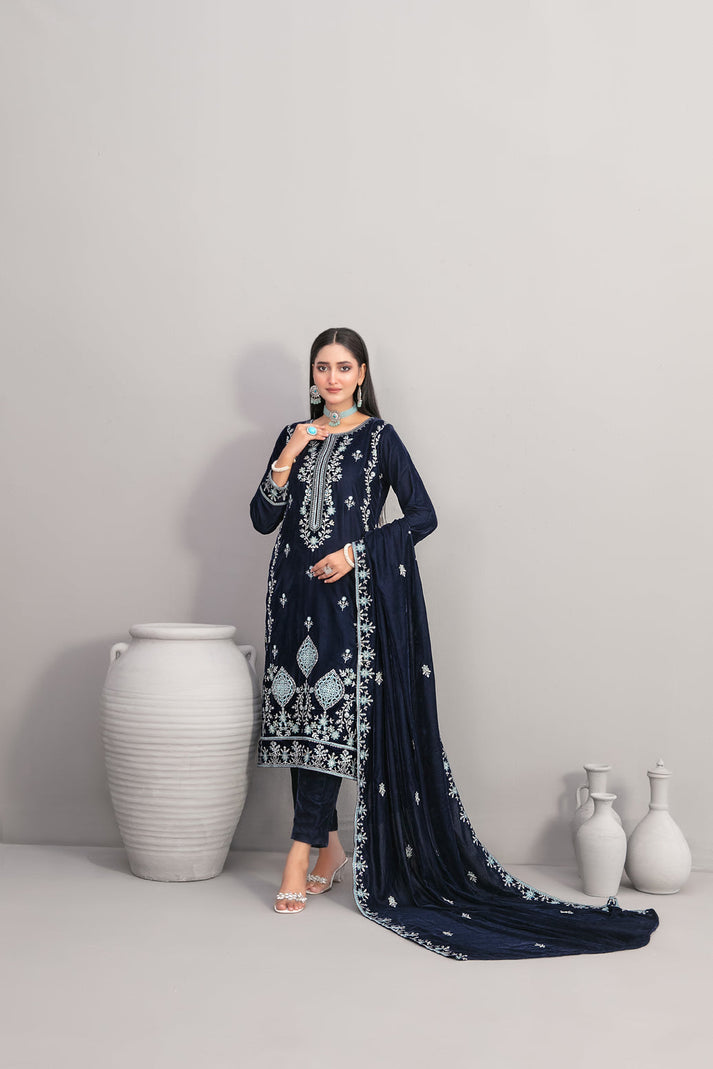 3-PC Unstitched Fancy Embroiedere Velvet Velvora By Tawakkal Fabrics | D-4928