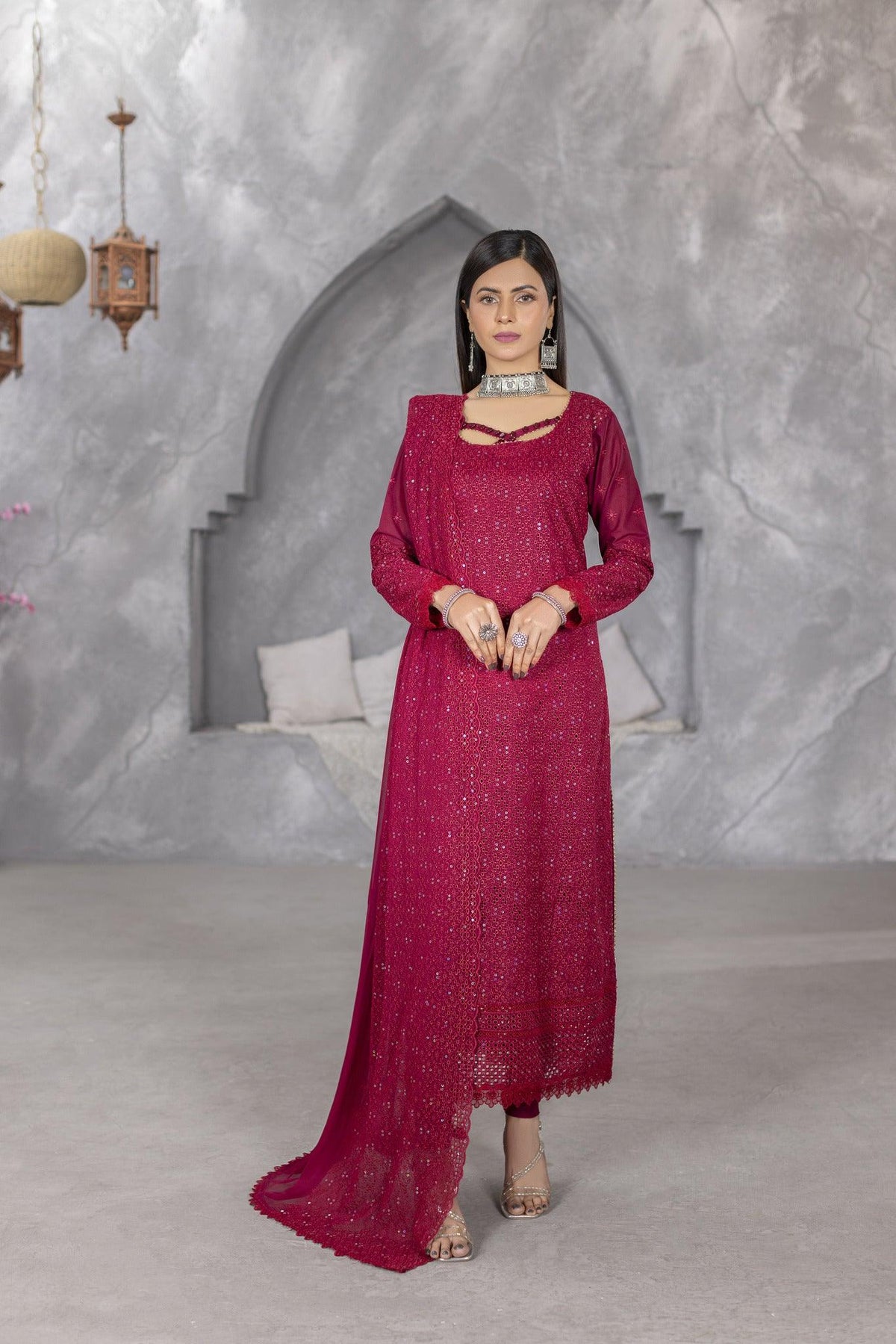 4-PC Unstitched Lawn Embroidery Sequence Shirt Crinkle Embroidered Dupatta | WL-142