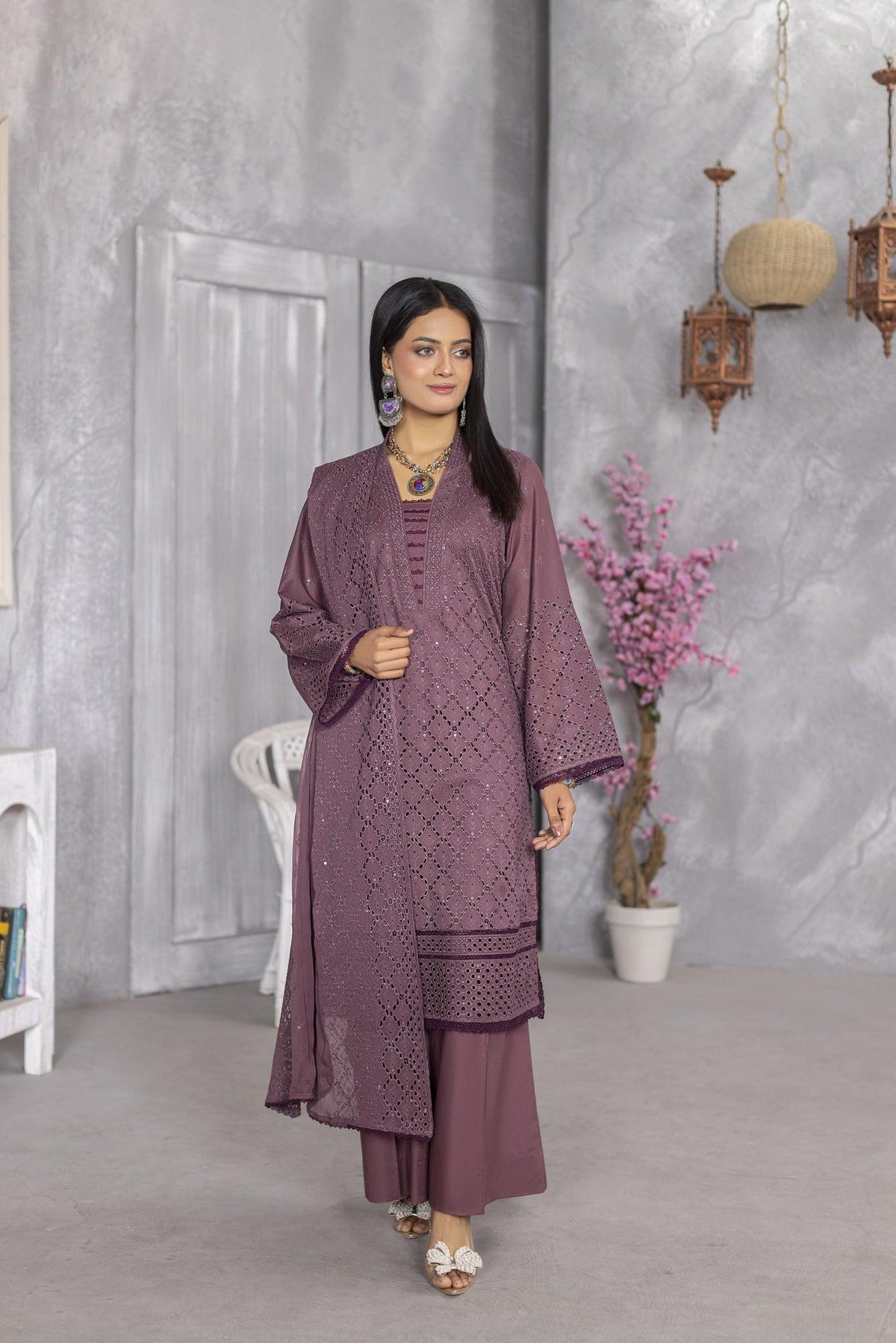 4-PC Unstitched Lawn Embroidery Sequence Shirt Crinkle Embroidered Dupatta | WL-148