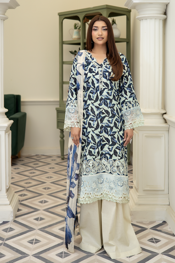 3-PC Unsttiched Embroidered Printed Lawn Neraya By Johra | JS-600