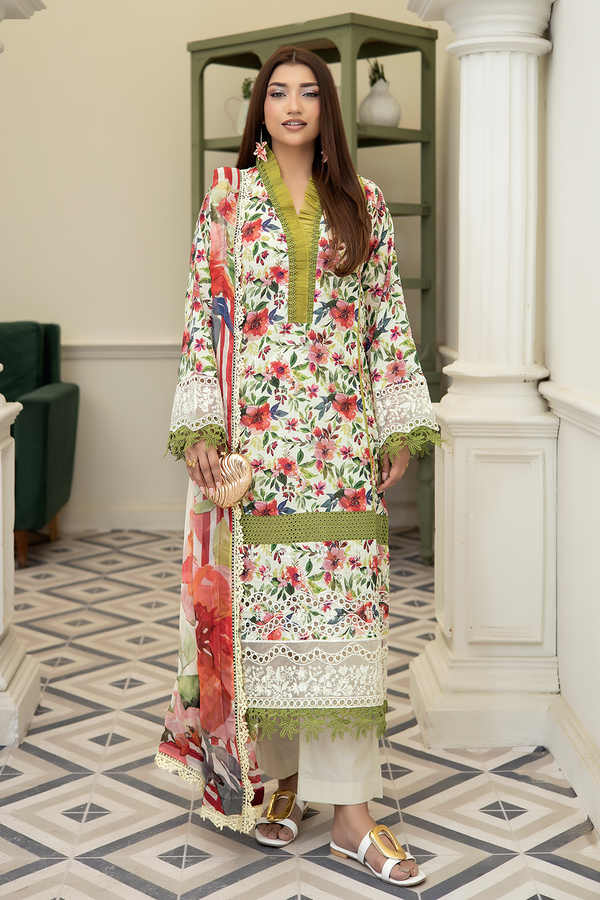 3-PC Unsttiched Embroidered Printed Lawn Neraya By Johra | JS-593
