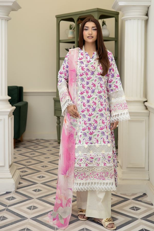 3-PC Unsttiched Embroidered Printed Lawn Neraya By Johra | JS-597