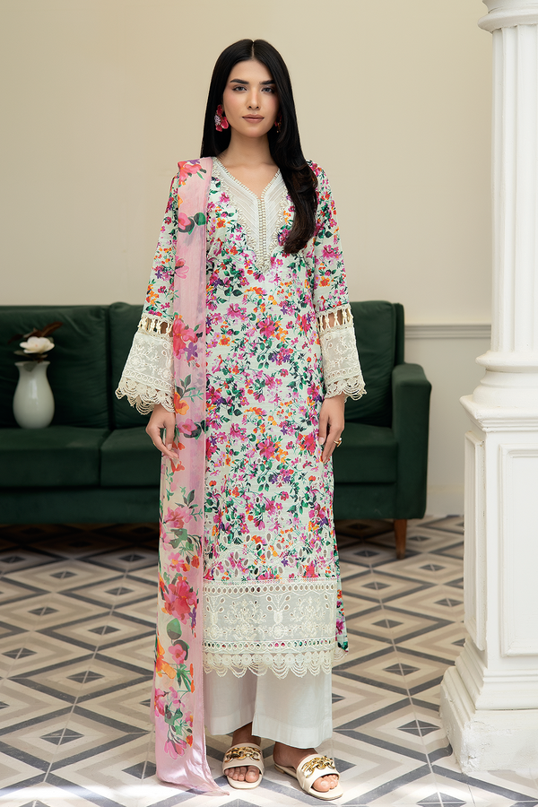 3-PC Unsttiched Embroidered Printed Lawn Zoya By Johra | JS-607