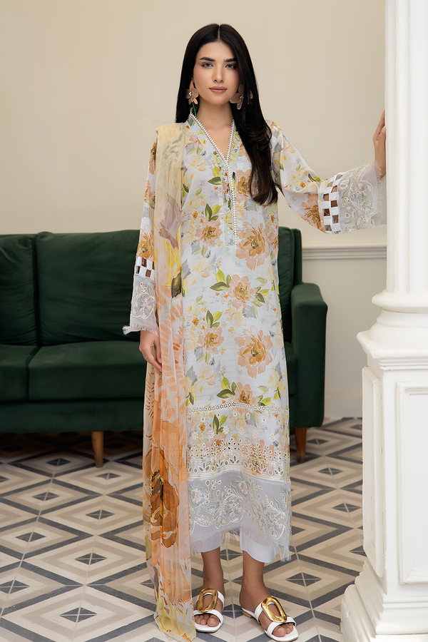 3-PC Unsttiched Embroidered Printed Lawn Zoya By Johra | JS-606
