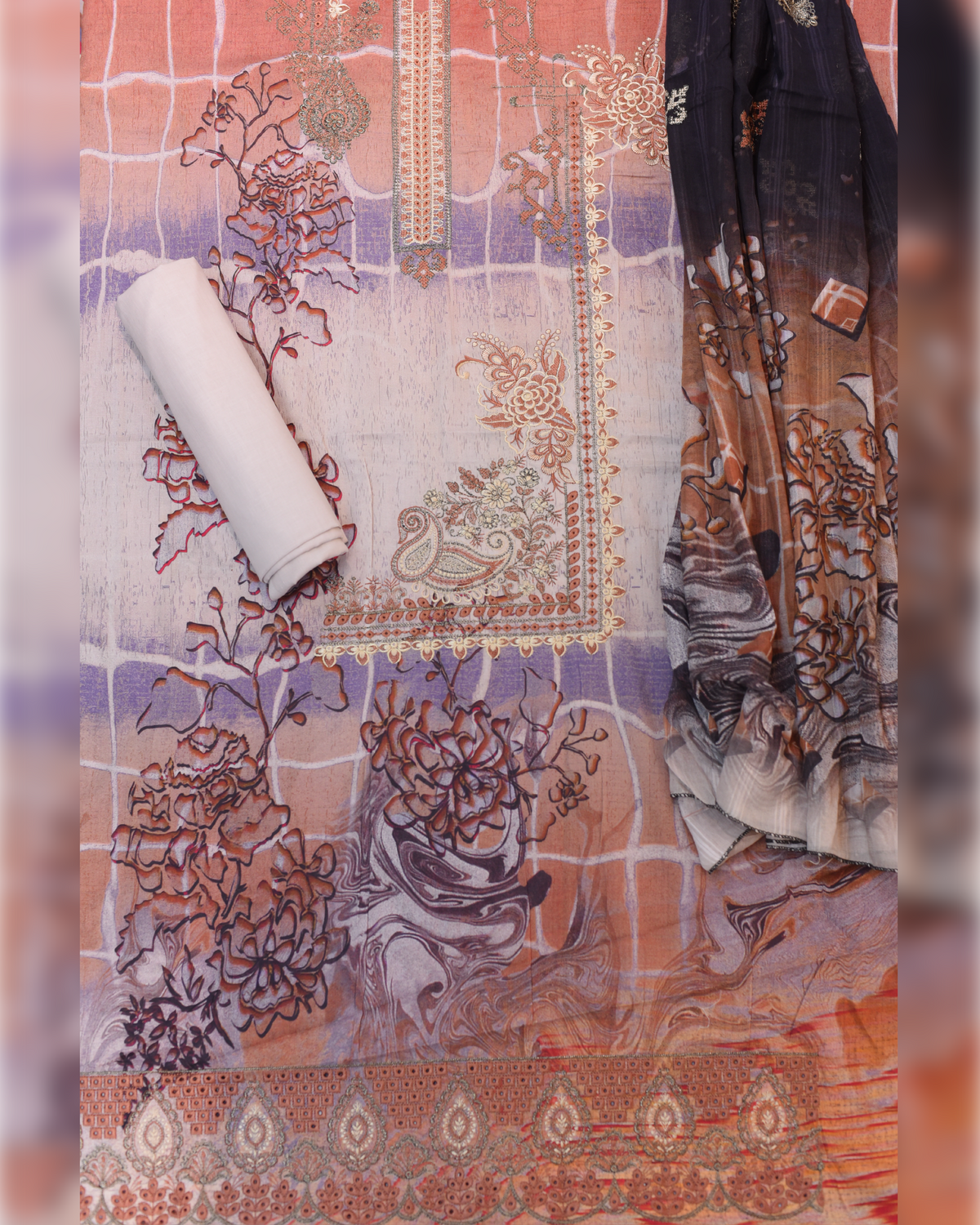 3-PC Unstitched Embroidered Neckline Lawn | E-01