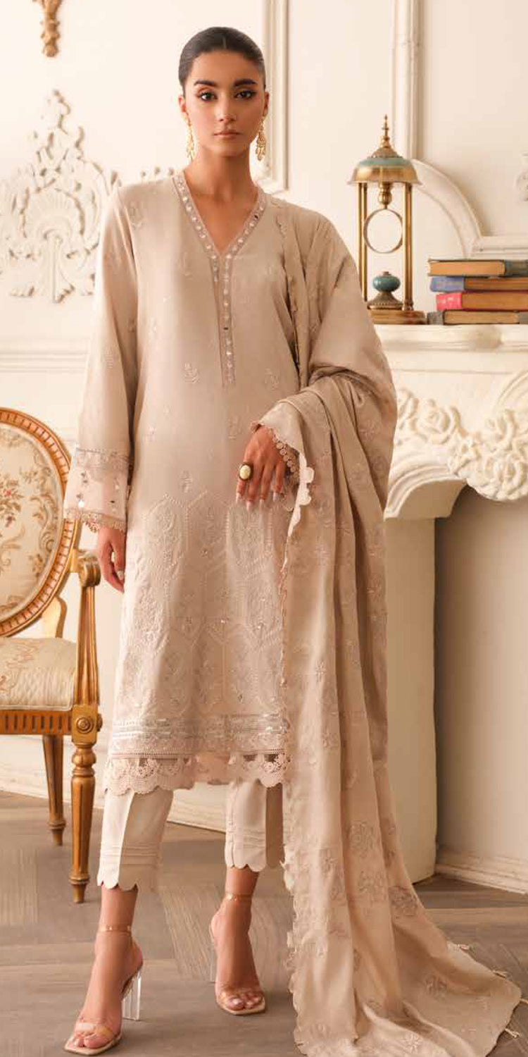 TL-280 | 3Pc Unstitched Suit Embroidered Leather Peach Collection Tehneez By Riaz Arts