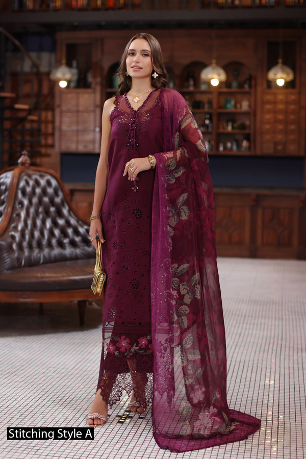 3-PC Unstitched Schiffli Embroidered Lawn Noor By saadia Asad | D12- Plum