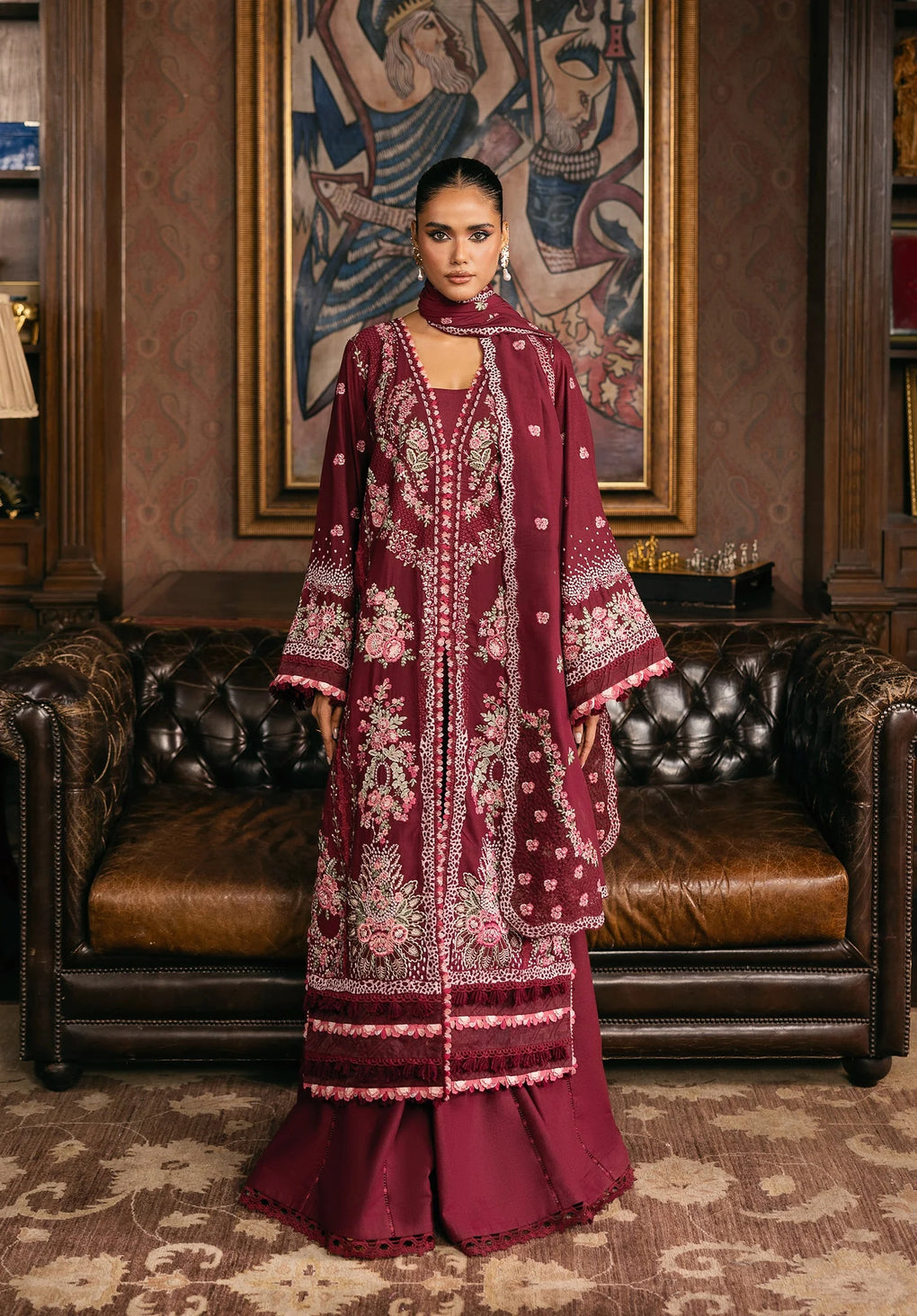 3-PC Unstitched Embroidered Karandi Luxury Winter Collection By Elaf Premium | EWK-4B CRIMSONELLE