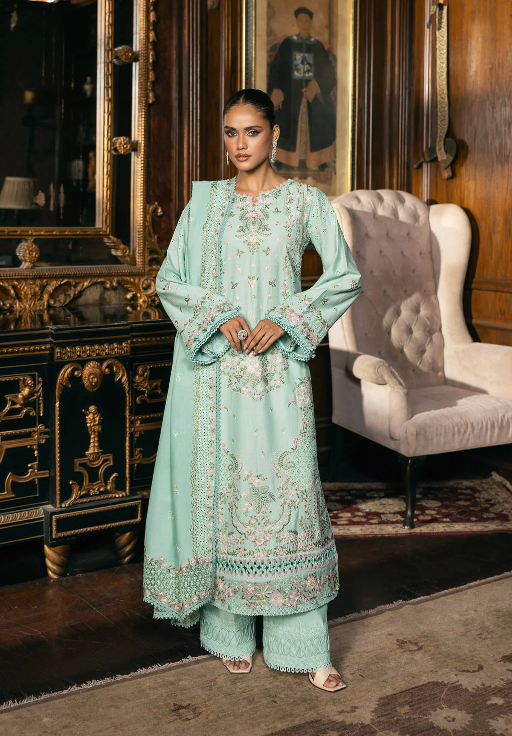 3-PC Unstitched Embroidered Karandi Luxury Winter Collection By Elaf Premium | EWK-5B FLORAZURE