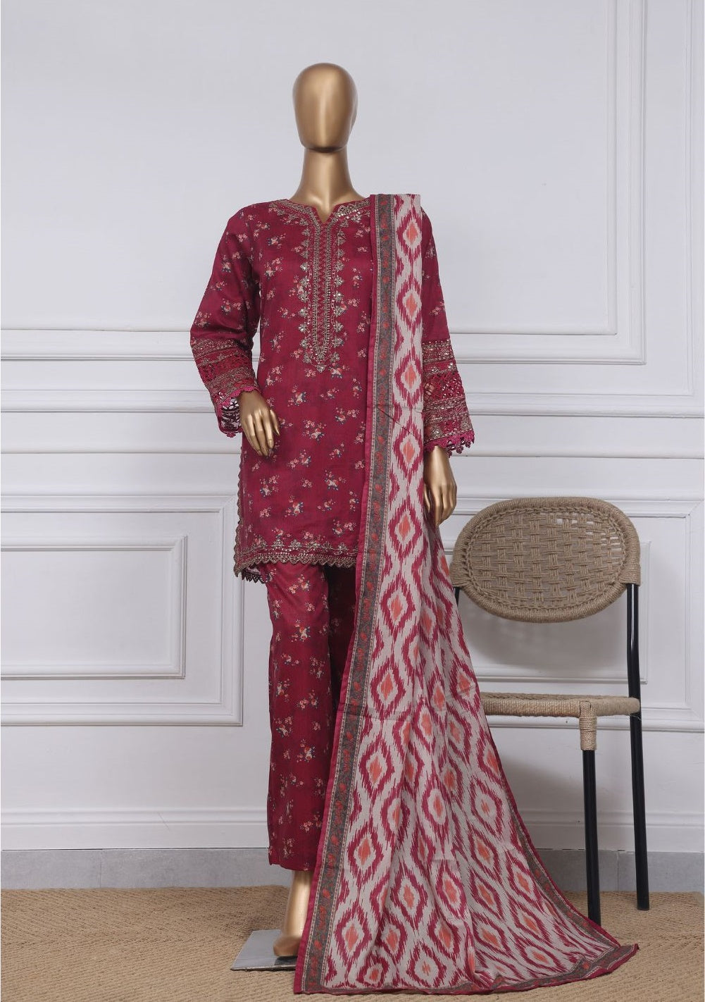 3-PC Stitched Embroidered Lawn Malika By sadabahar | D-04 Red
