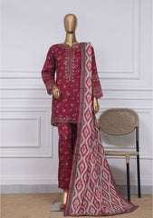 3-PC Stitched Embroidered Lawn Malika By sadabahar | D-04 Red