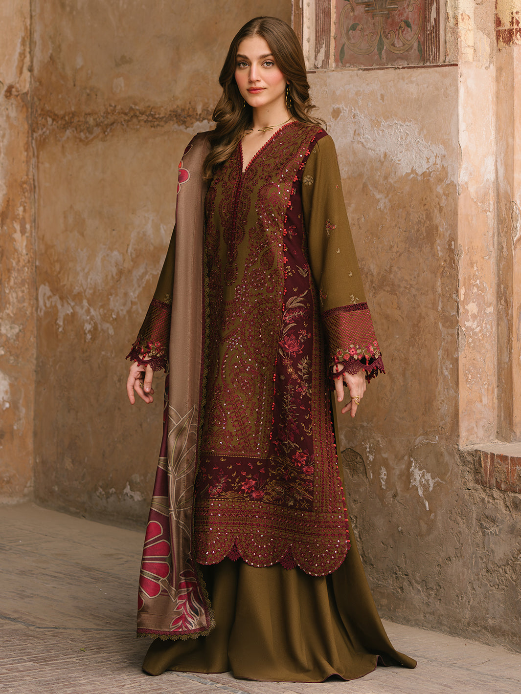 156 - A | 3 Pc Unstitched Suit Karandi Emb Winter Collection Gulabi Baagh By Binilyas