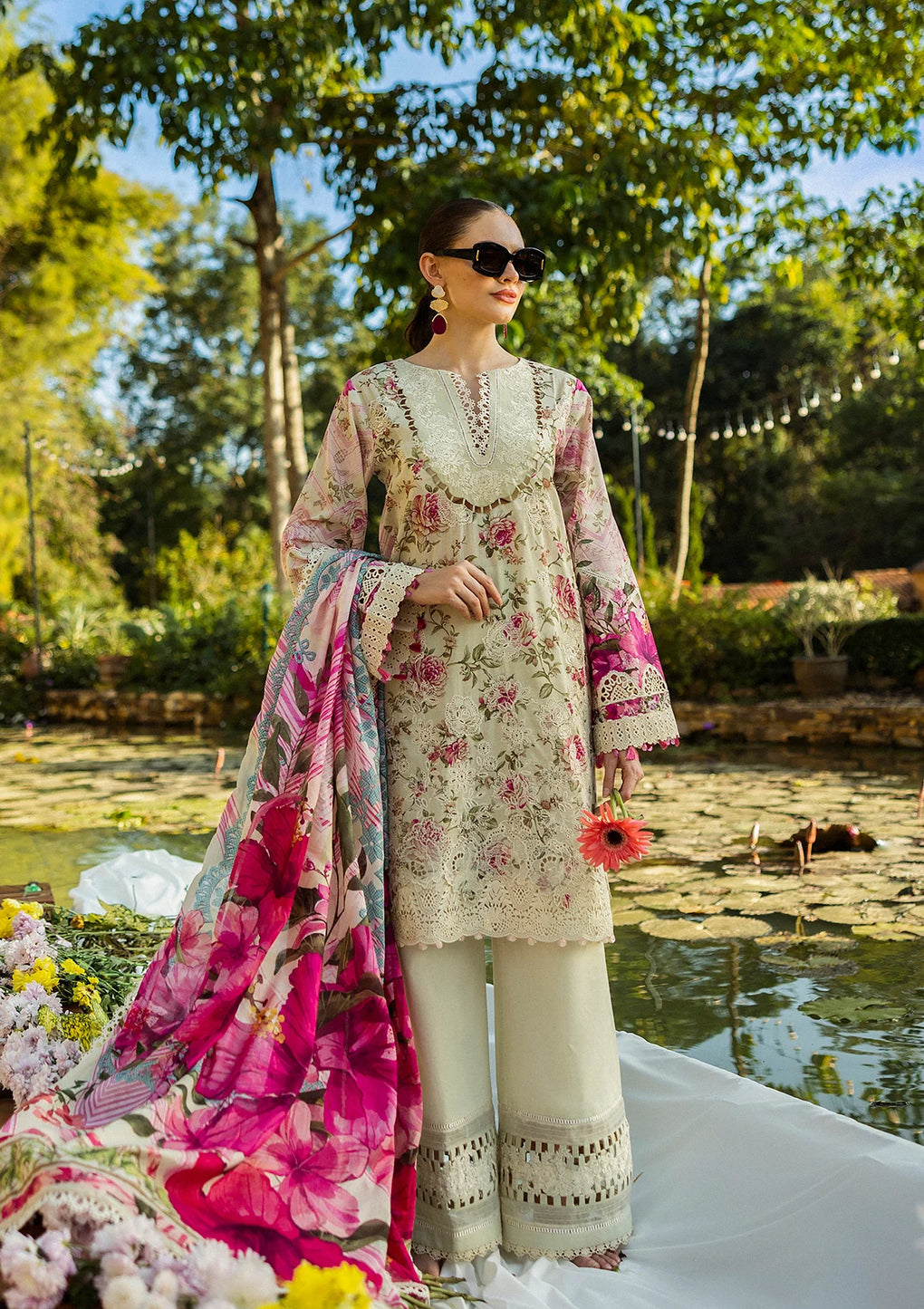 ELK-06B ROSES & WHITES | 3Pc Unstitched Suit Lawn Collection Prints Chikankari By Elaf Premium