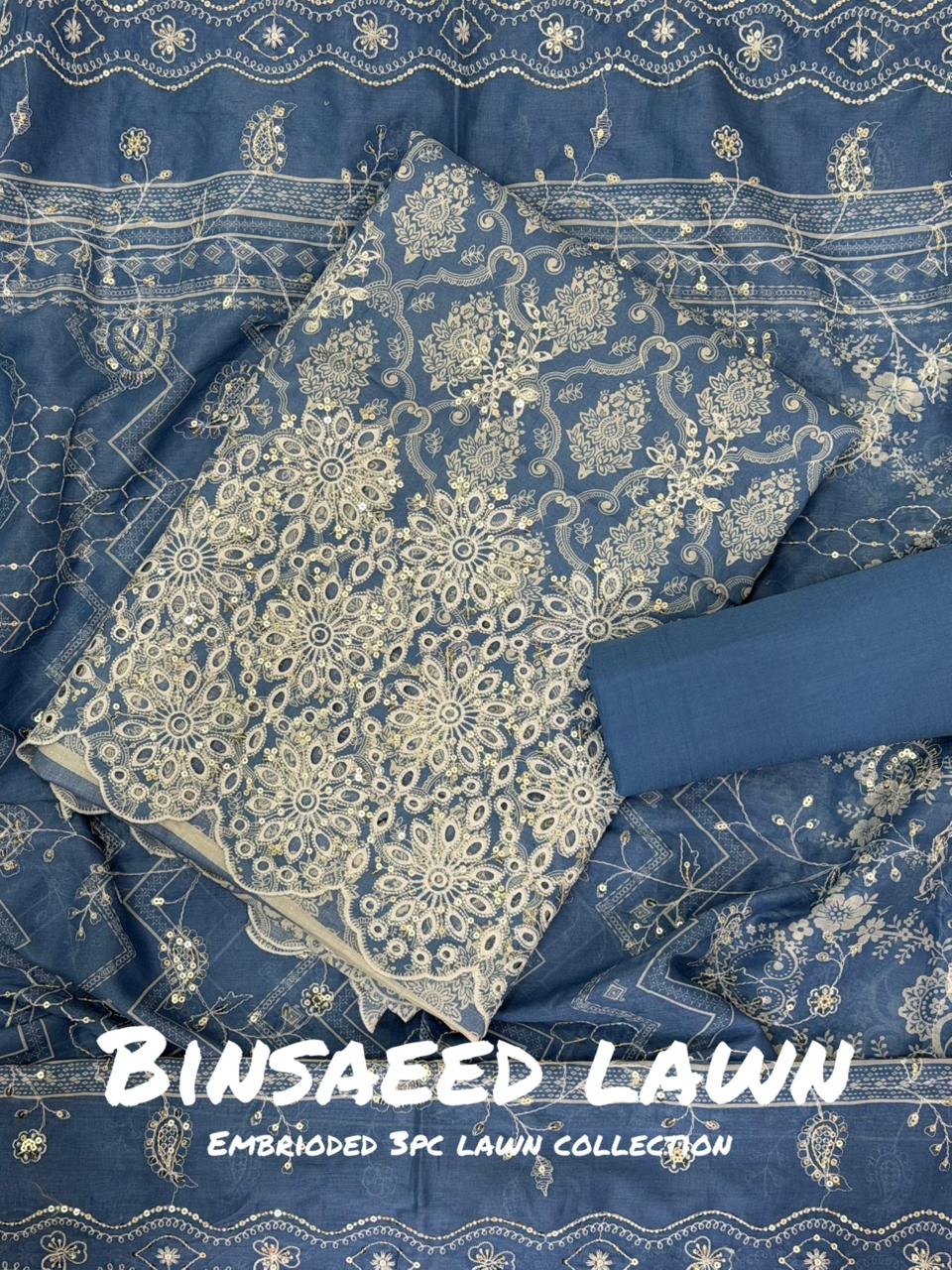 3-PC Unstitched Embroidered Lawn By Bin Saeed | BS-7