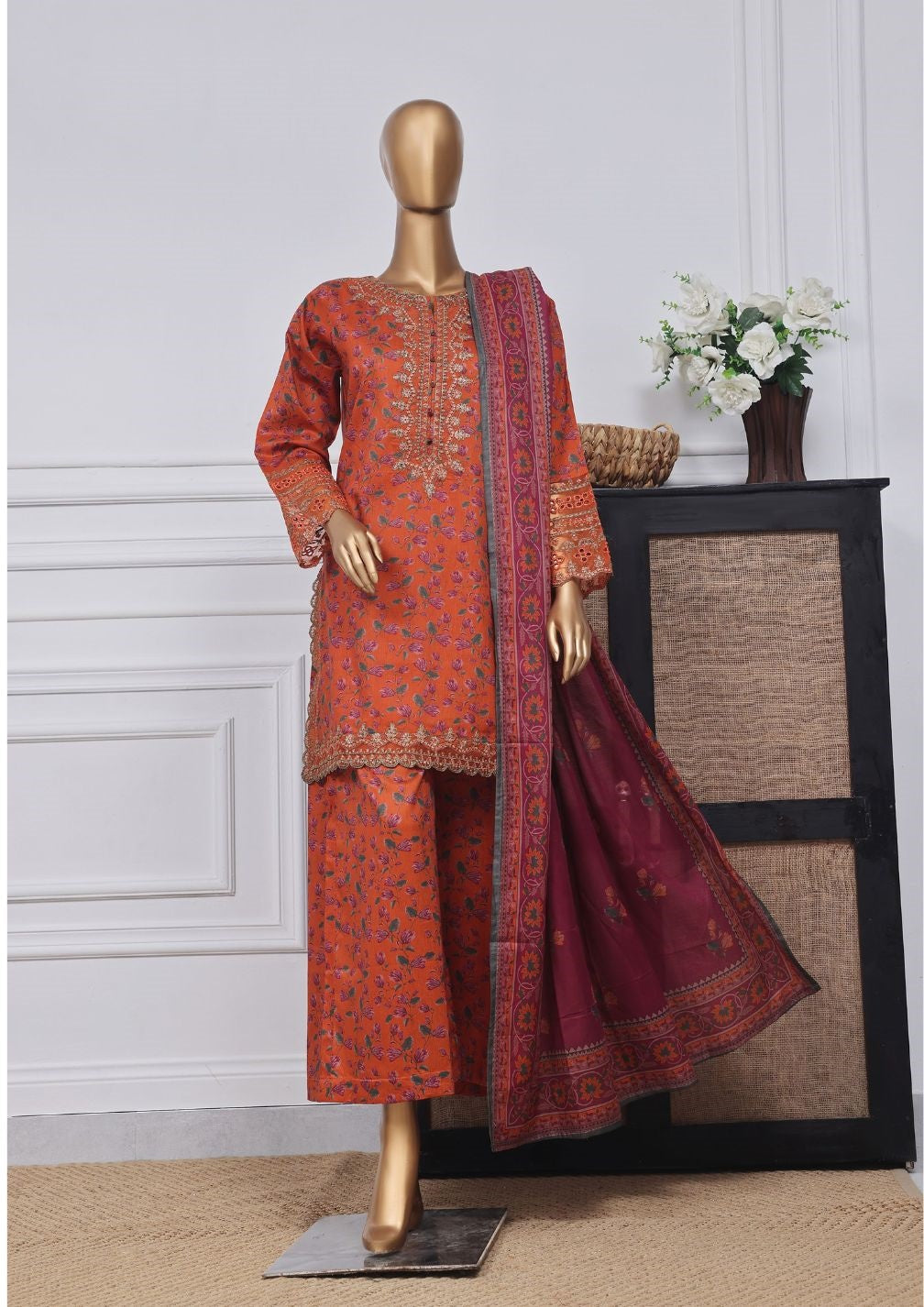 3-PC Stitched Embroidered Lawn Malika By sadabahar |D-07 Orange