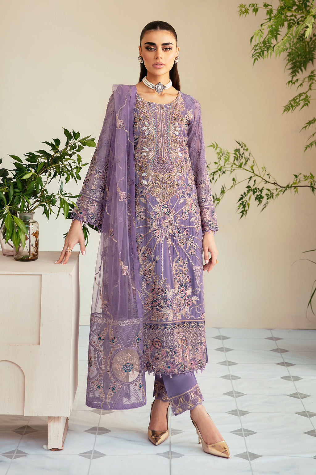 3Pc Suit Embroidered Chiffon Unstitched  Dastoor By Ramsha