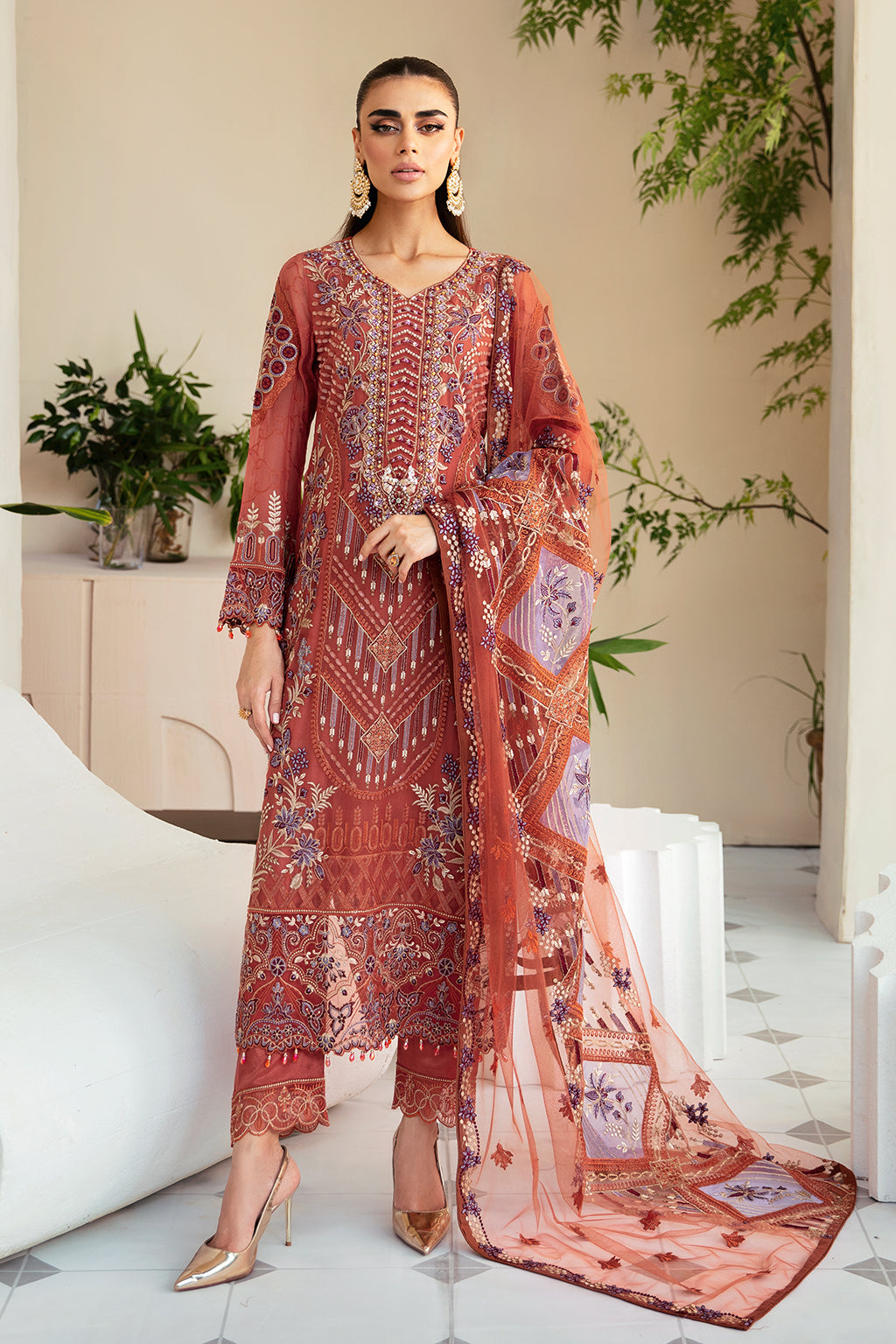 3Pc Suit Embroidered Chiffon Unstitched  Dastoor By Ramsha