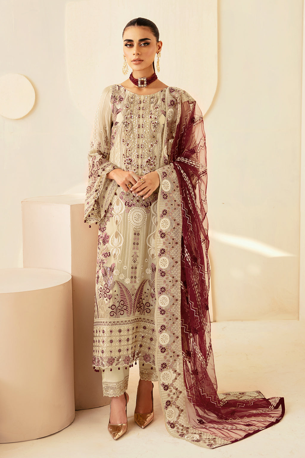 3Pc Suit Embroidered Chiffon Unstitched  Dastoor By Ramsha