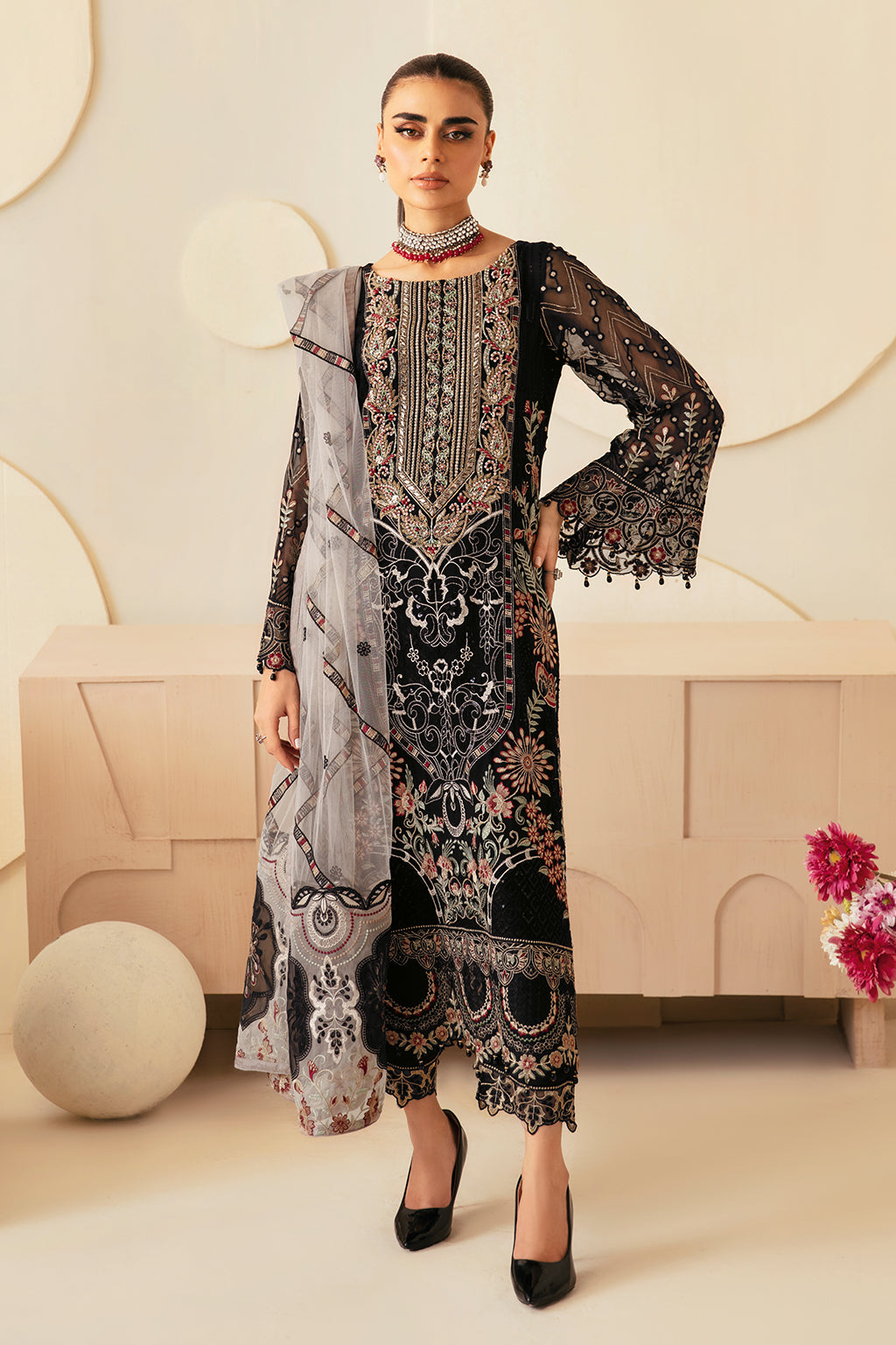 3Pc Suit Embroidered Chiffon Unstitched  Dastoor By Ramsha