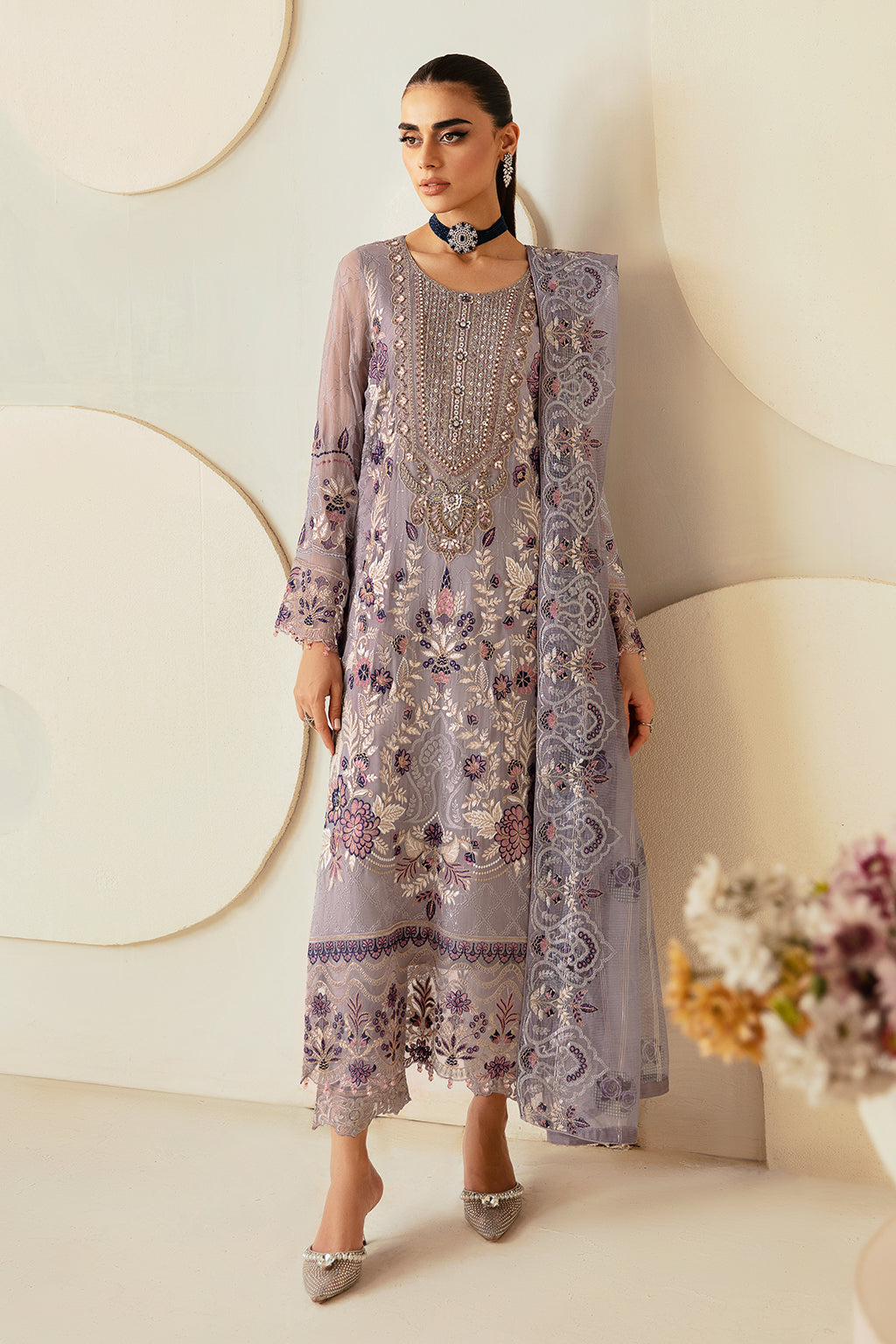 3Pc Suit Embroidered Chiffon Unstitched  Dastoor By Ramsha
