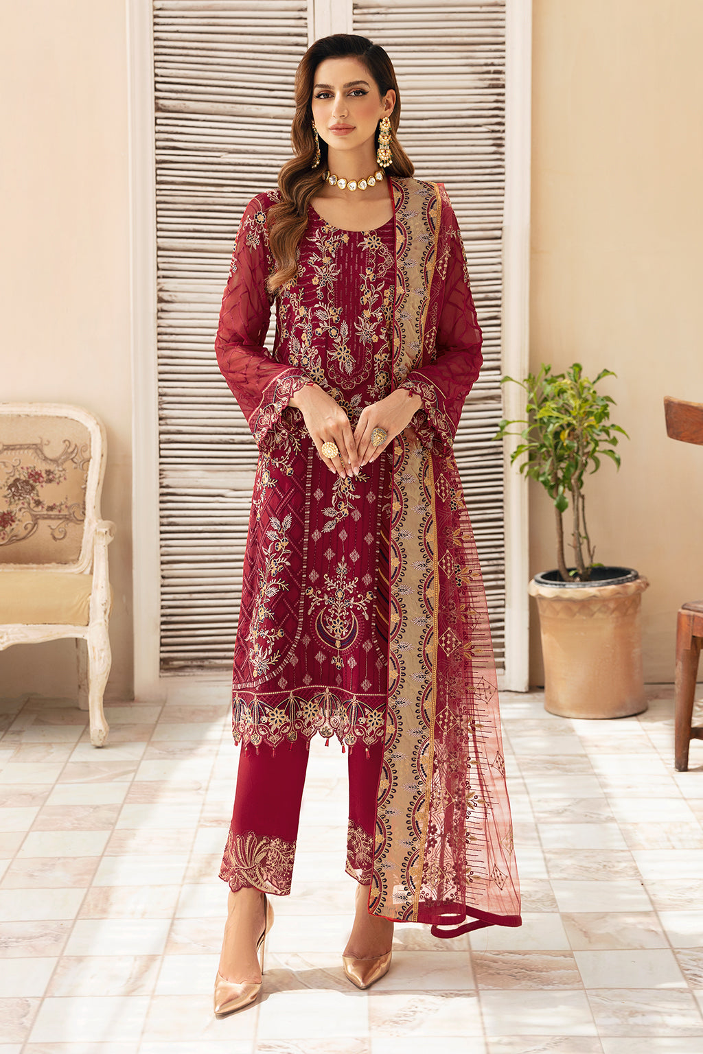 3Pc Suit Embroidered Chiffon Unstitched  Chevron By Ramsha
