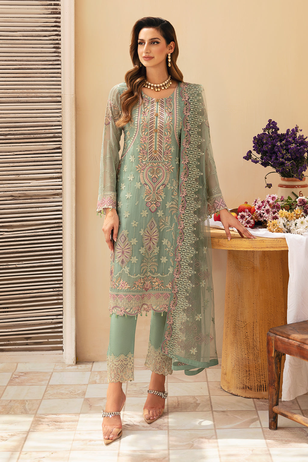 3Pc Suit Embroidered Chiffon Unstitched  Chevron By Ramsha