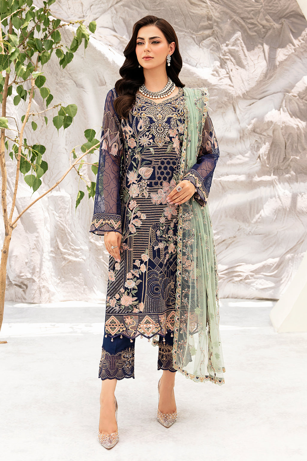 3Pc Suit Embroidered Organza Unstitched Minahil By Ramsha