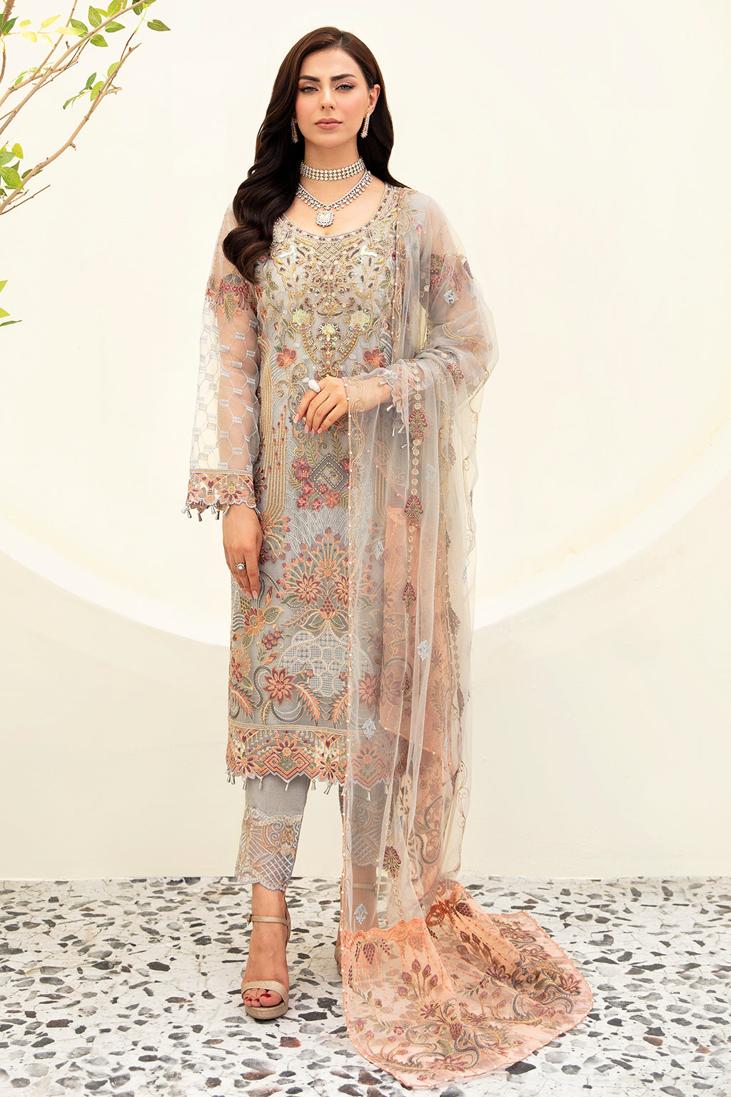 3Pc Suit Embroidered Organza Unstitched Minahil By Ramsha