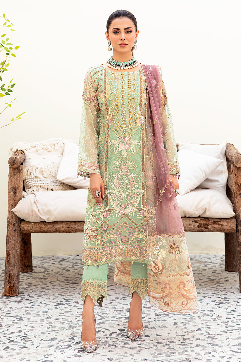3Pc Suit Embroidered Organza Unstitched Minahil By Ramsha