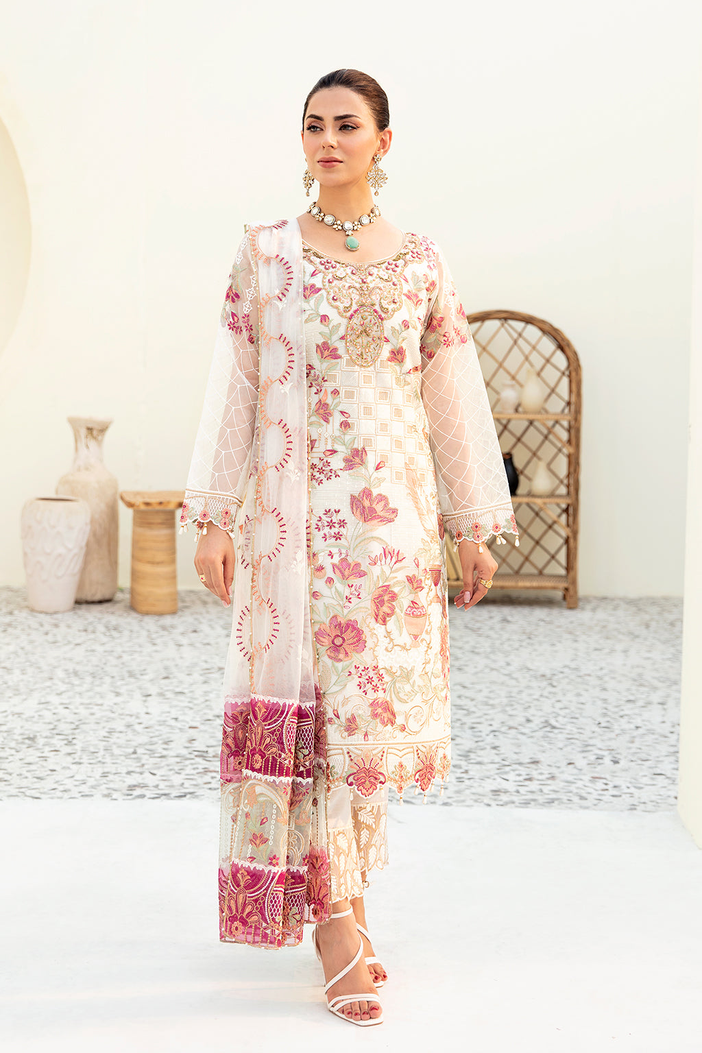 3Pc Suit Embroidered Organza Unstitched Minahil By Ramsha