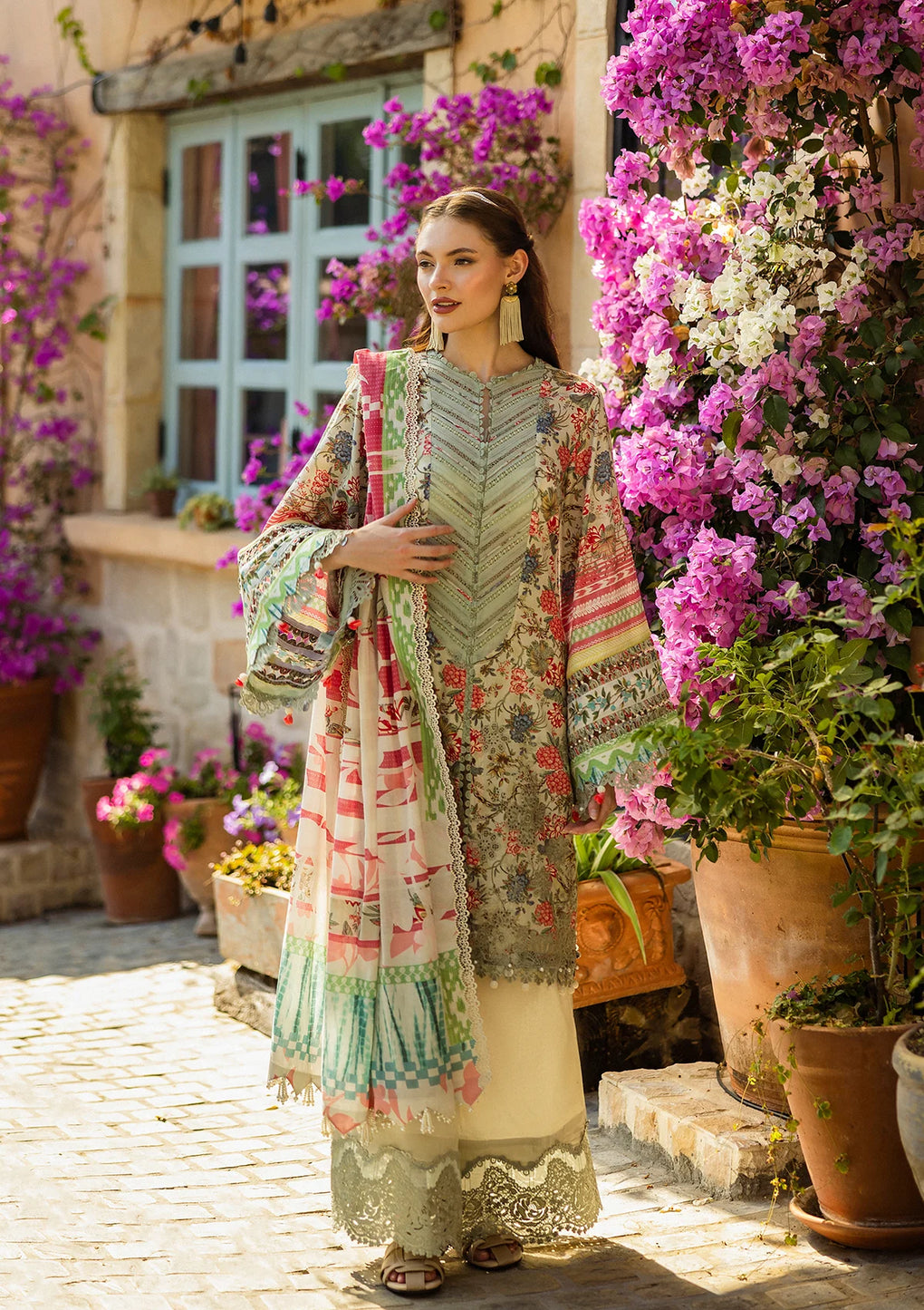 ELK-01B GIARDINO | 3Pc Unstitched Suit Lawn Collection Prints Chikankari By Elaf Premium