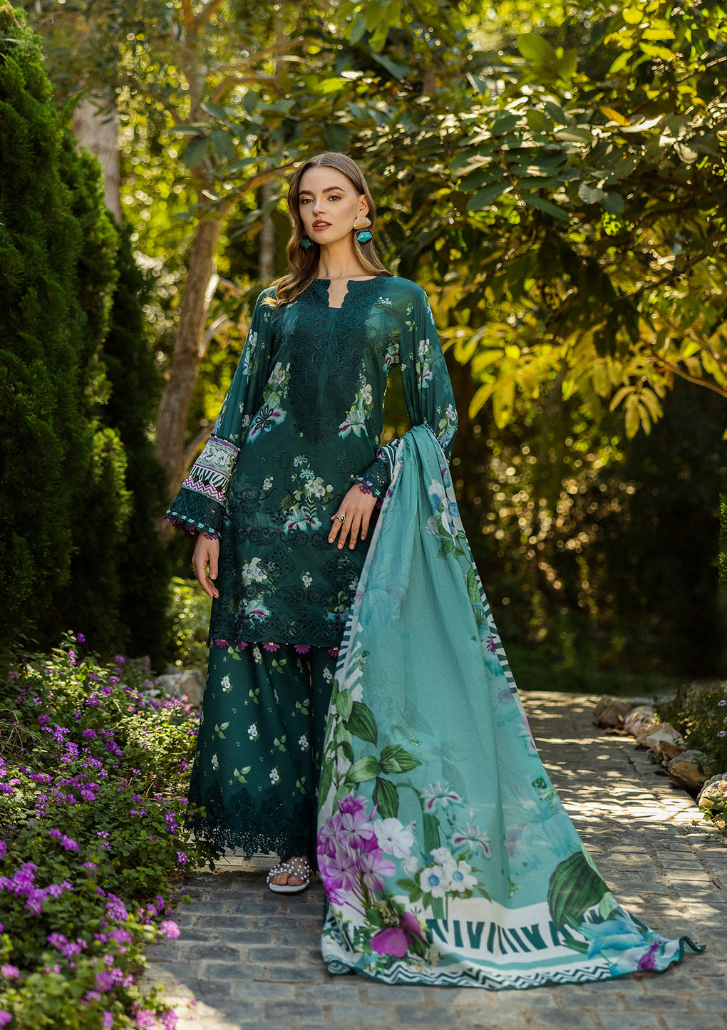 ELK-07B JADE EMBRACE | 3Pc Unstitched Suit Lawn Collection Prints Chikankari By Elaf Premium