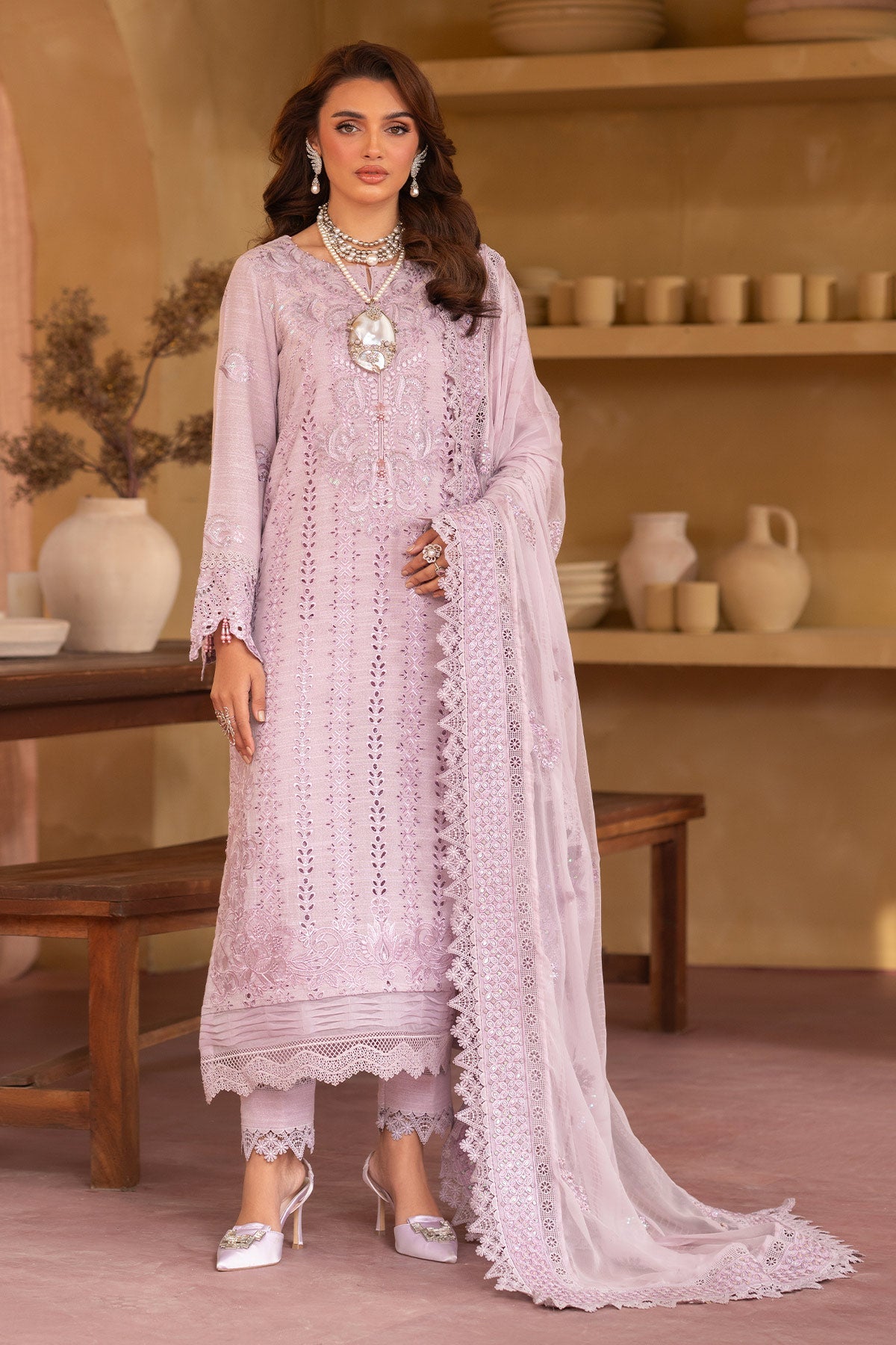 NE-133 | 3PC Unstitched Suit Embroidered Lawn Karandi Exclusive By Nureh