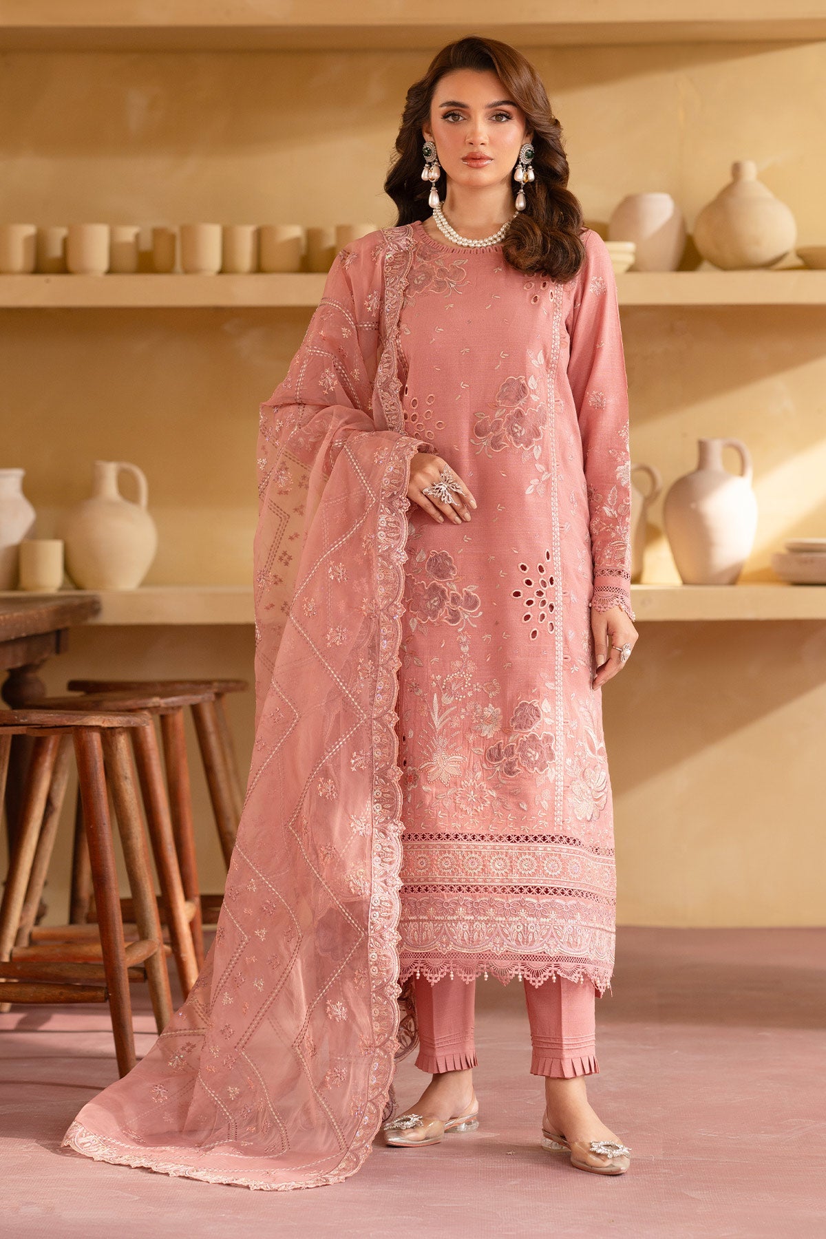 NE-130 | 3PC Unstitched Suit Embroidered Lawn Karandi Exclusive By Nureh