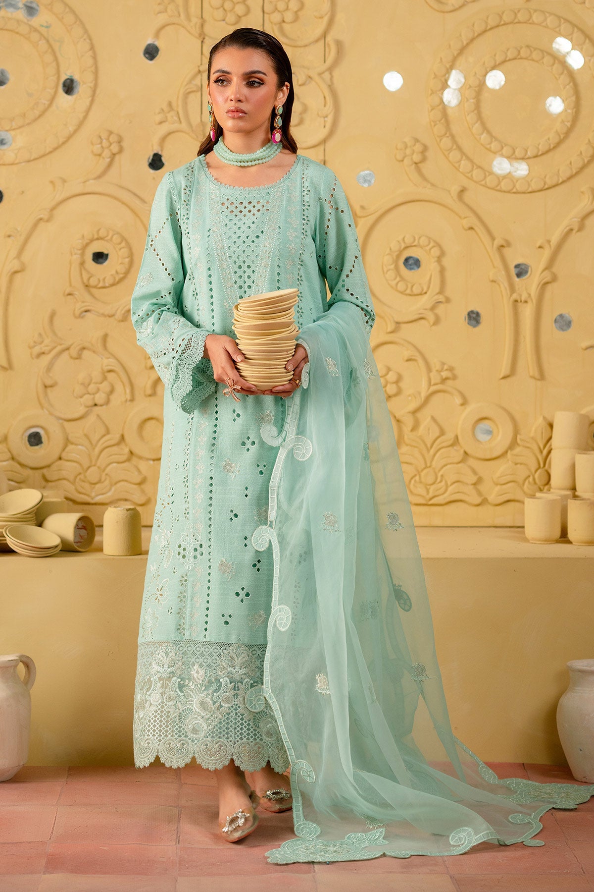 NE-134 | 3PC Unstitched Suit Embroidered Lawn Karandi Exclusive By Nureh