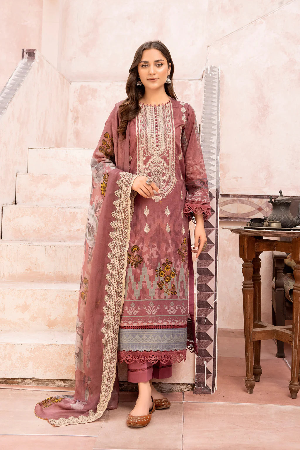 MT-490 | 3PC Unstitched Embroidered Printed Lawn Mehtab By Johra