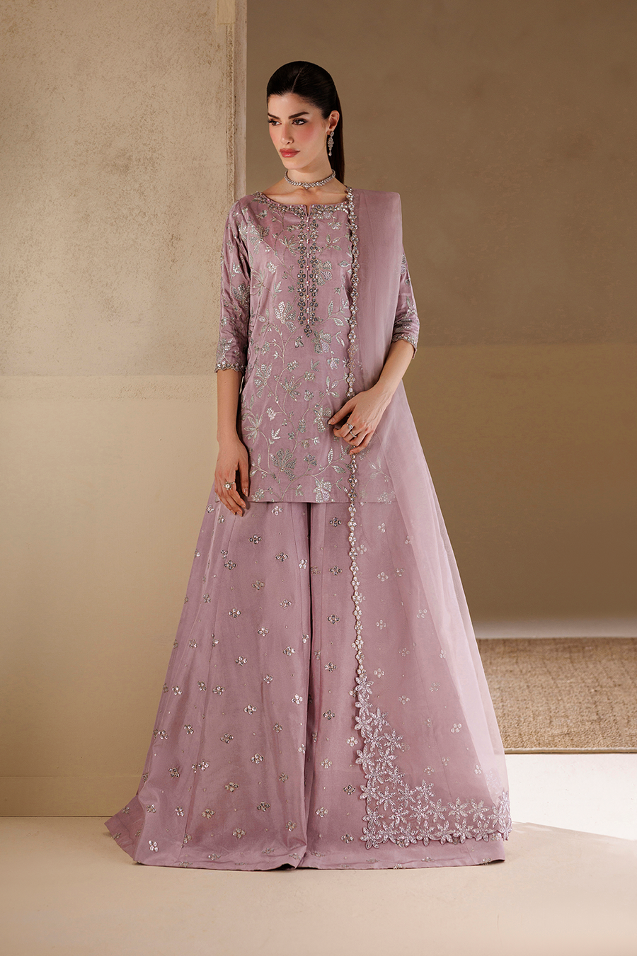 3Pc Suit – Embroidered Ramen Silk Unstitched with Organza Dupatta By Iznik
