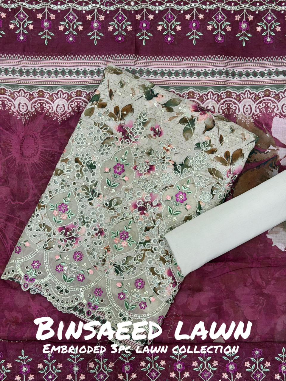 3-PC Unstitched Embroidered Lawn By Bin Saeed | BS-1